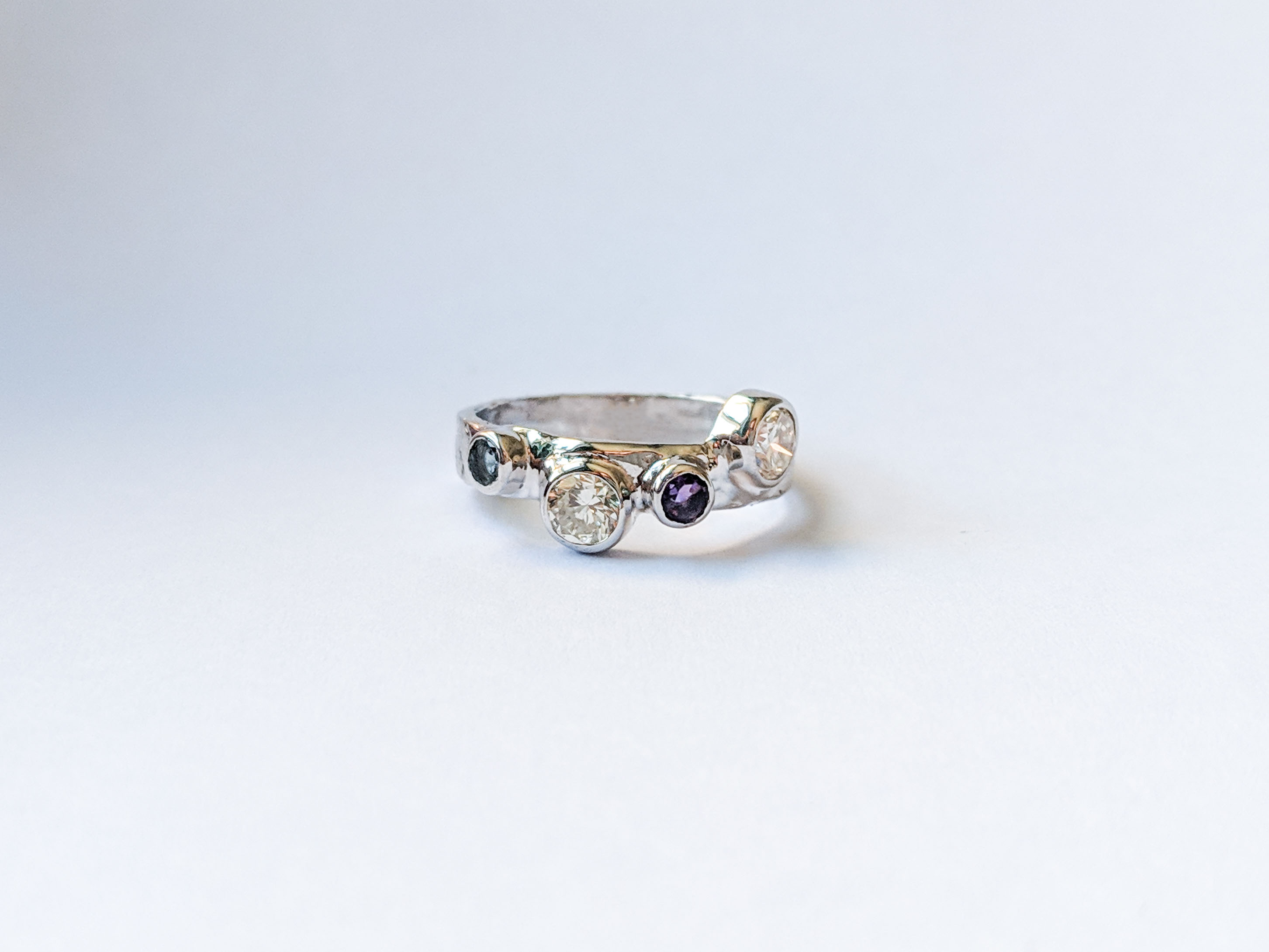 18ct White Gold AQUAMARINE, AMETHYST & DIAMOND ENGAGEMENT RING